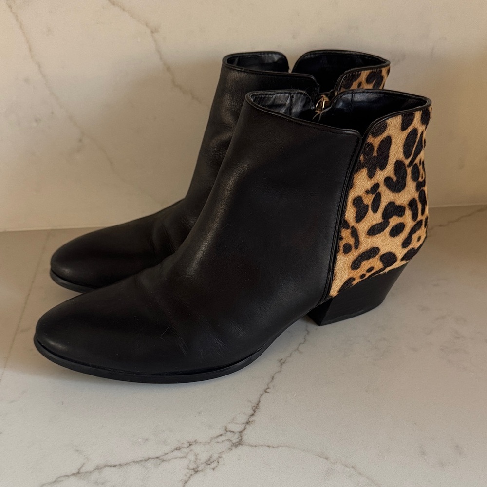 Franco Sarto Quasar Black and Leopard Ankle Booties 9.5